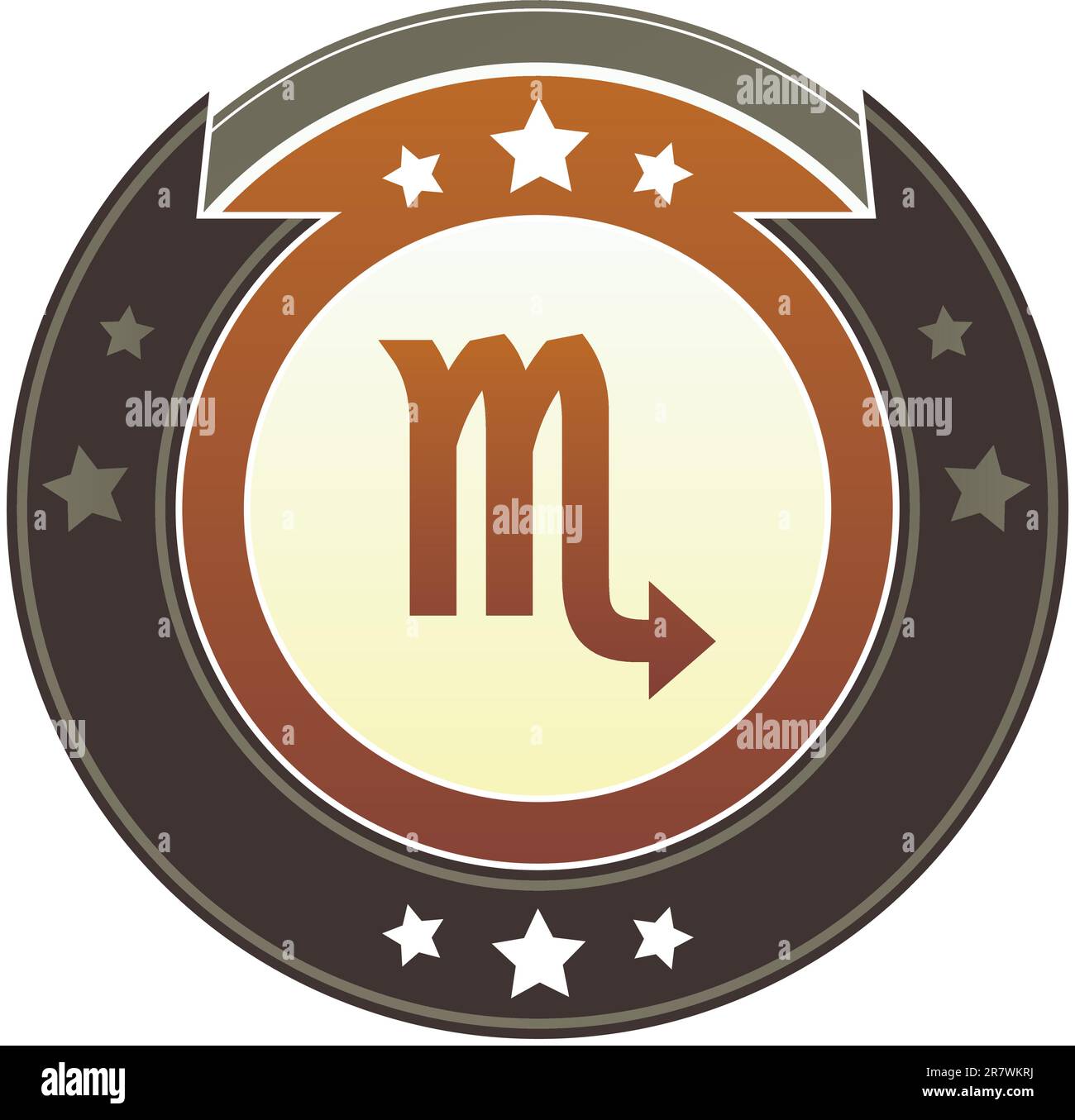Scorpio zodiac Astrologie-Symbol auf rundem rot-braunem kaiserlichen Vektorknopf mit Sternakzenten geeignet für Website, Druck und Werbung... Stock Vektor