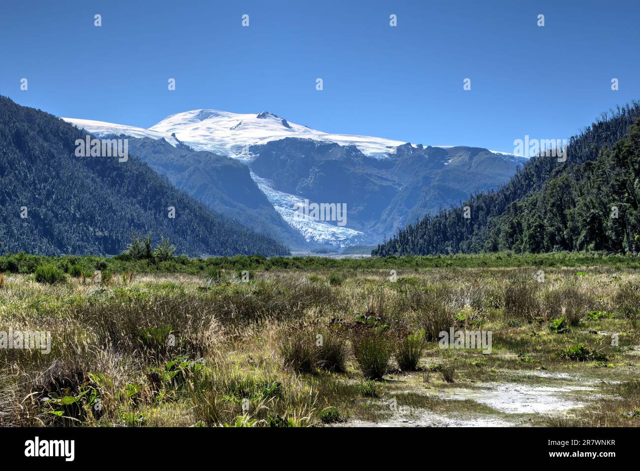 Spektakuläre Landschaft mit Bergen, Gletschern und Seen im Pumalin-Nationalpark im chilenischen Patagonien Stockfoto