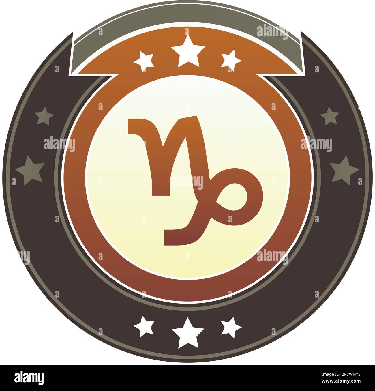 Capricorn Zodiac Astrologie-Symbol auf rundem rot-braunem kaiserlichen Vektorknopf mit Sternakzenten geeignet für Website, Druck und Werbung... Stock Vektor