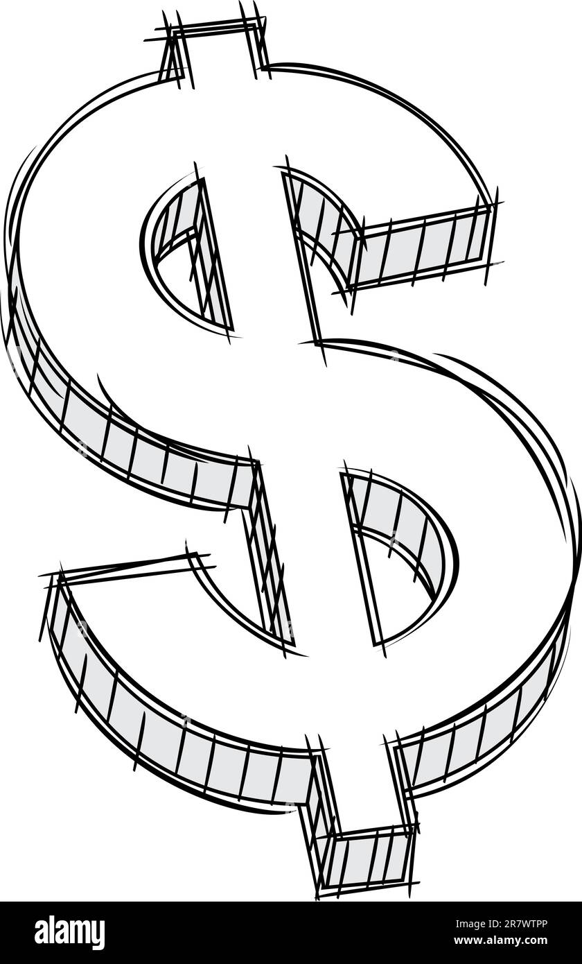 Ein Schild im Vektor-Bleistift-Stil mit Geldzeichen. Kein Gefälle. Stock Vektor