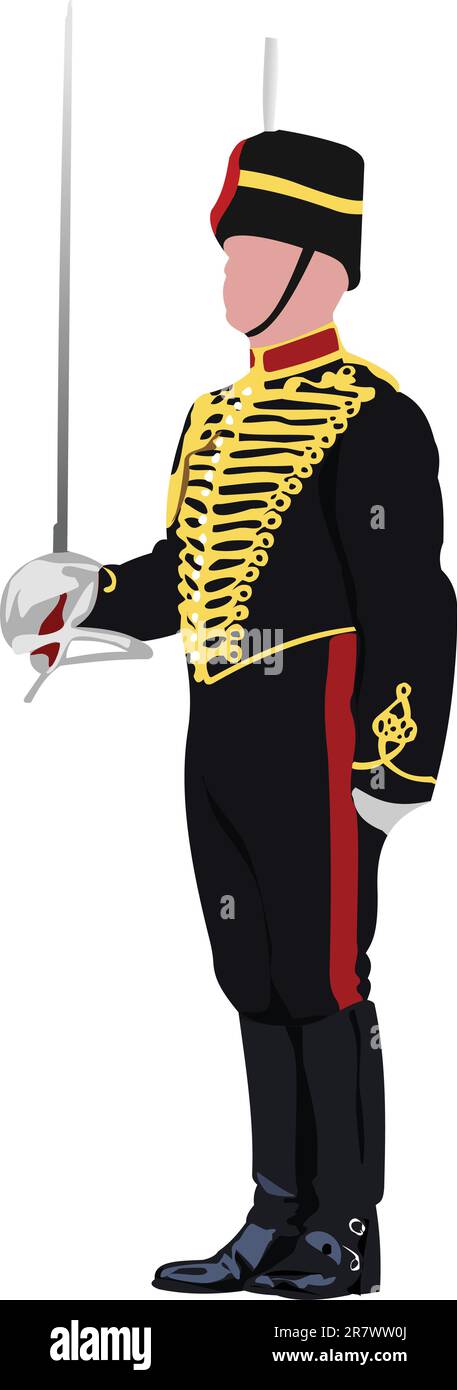 Royal Guard mit Schwert am Buckingham Palace in London. Vector Illustration Stock Vektor