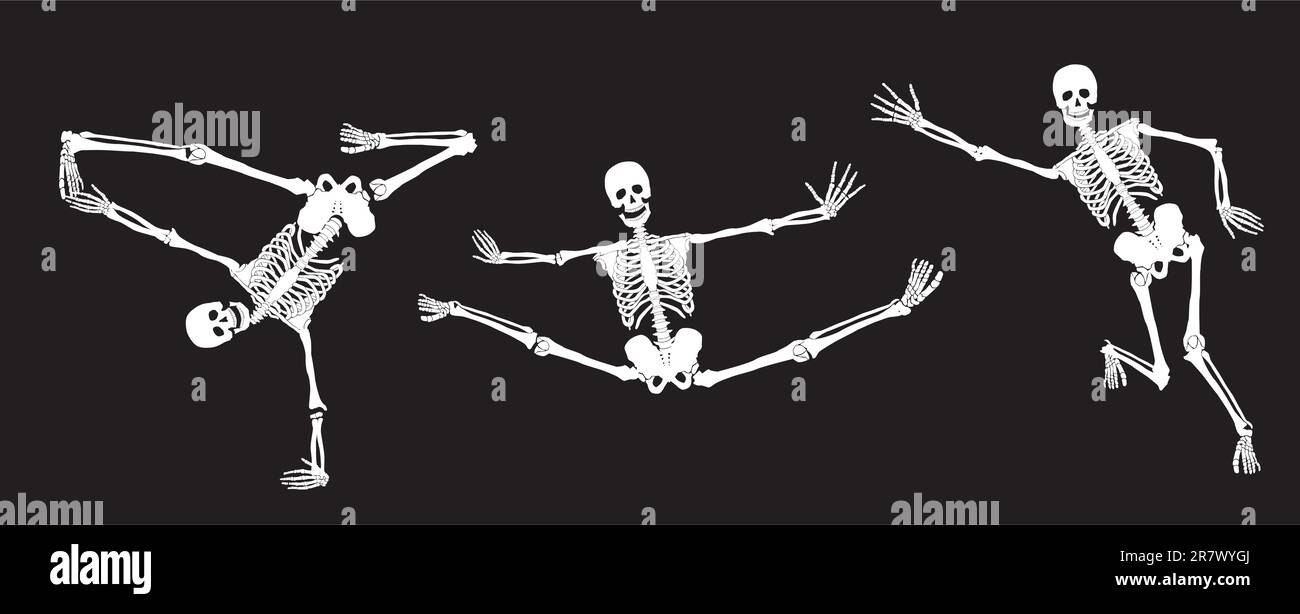 Weiße aktive Skelette auf Schwarz. Satz Nr. 3. Vektor Stock Vektor