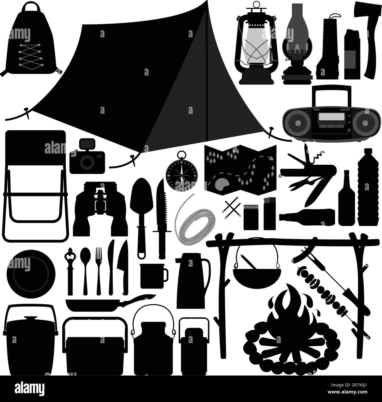 Ein Set aus Camping- und Picknick-Werkzeug und -Ausrüstung. Stock Vektor