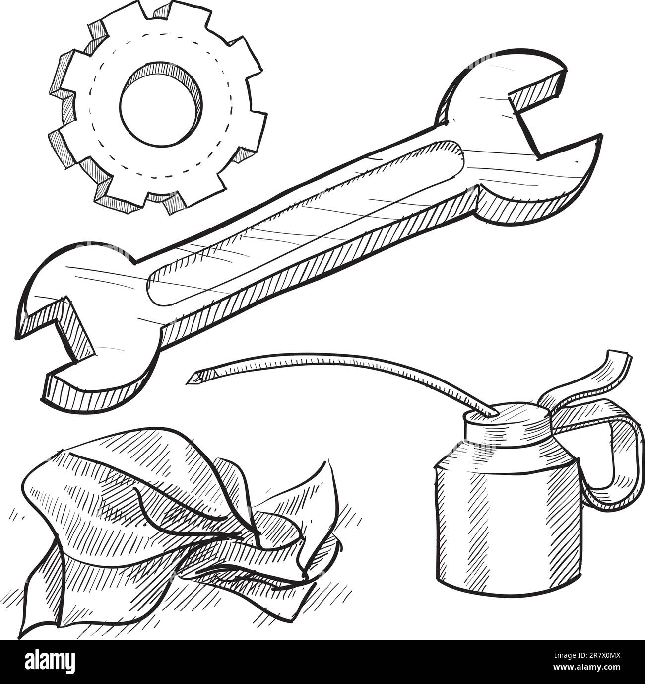 Schaubild eines Mechanikers im Doodle-Stil oder einer Fahrzeugwartung mit Ölkanne, Schraubenschlüssel, Zahnrad und Lappen Stock Vektor