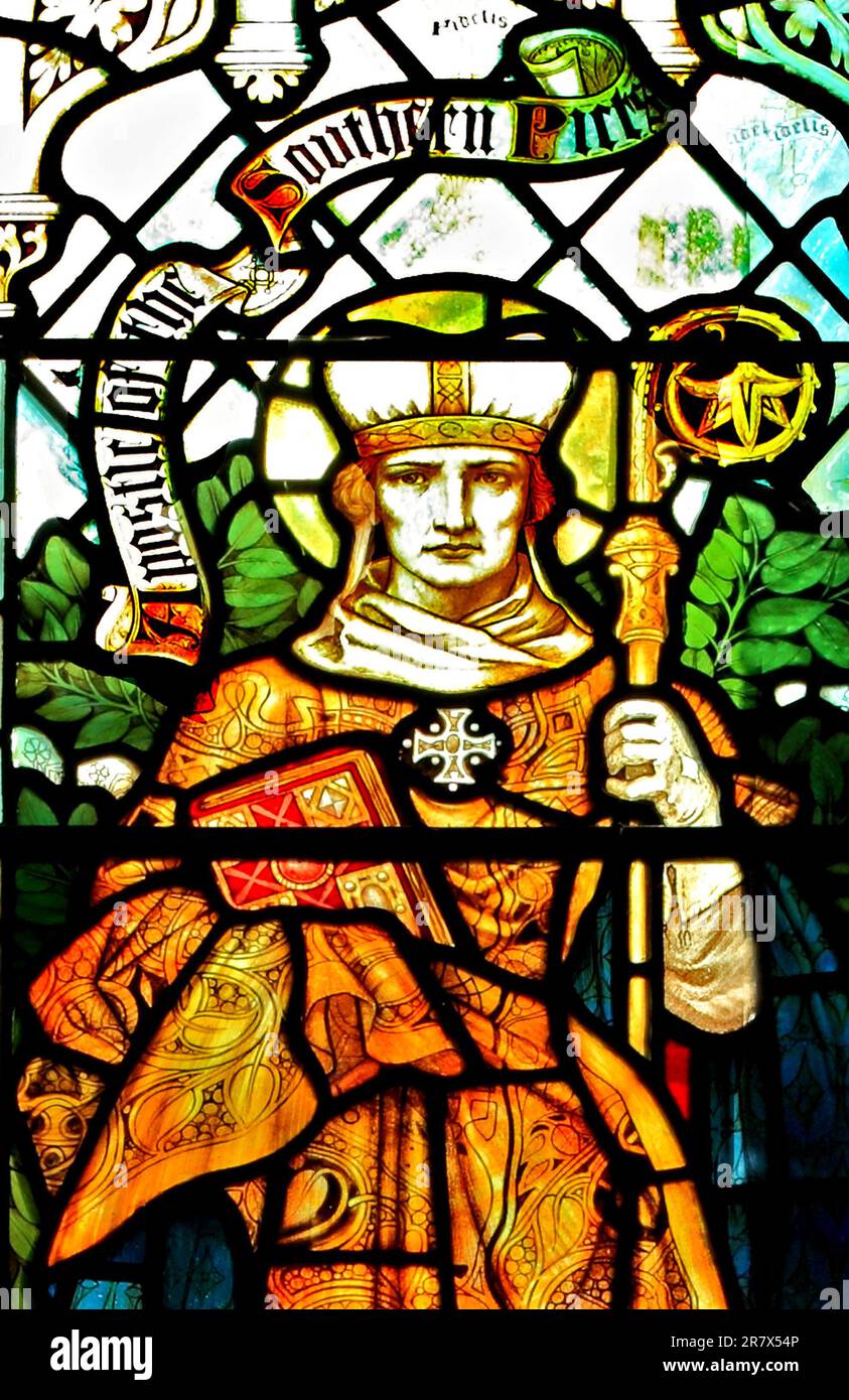 Saint Ninian, keltischer Missionar, Südstaatler, in Schottland, Buntglas, Von J Powell & Son, 1900, Blakeney, Norfolk, England Stockfoto