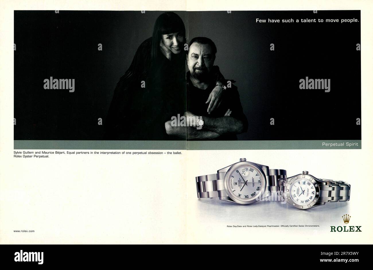 Rolex Oyster Perpetual Advert mit Sylvie Guillem und Maurice Béjart französischen Tänzern, in einer Zeitschrift 2001. Rolex Day-Date und Lady-Datejust Pearlmaster Stockfoto