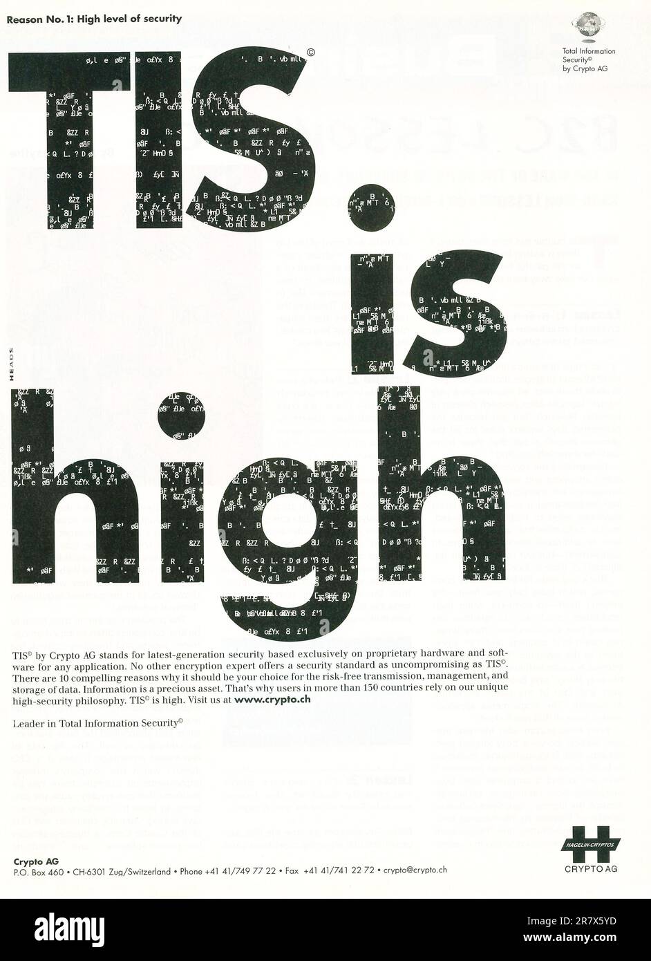 Crypto AG Crypto Firmenwerbung in einem Magazin 2001. Crypto AG war ein Schweizer Unternehmen, das sich auf Kommunikation und Informationssicherheit spezialisiert hat Stockfoto