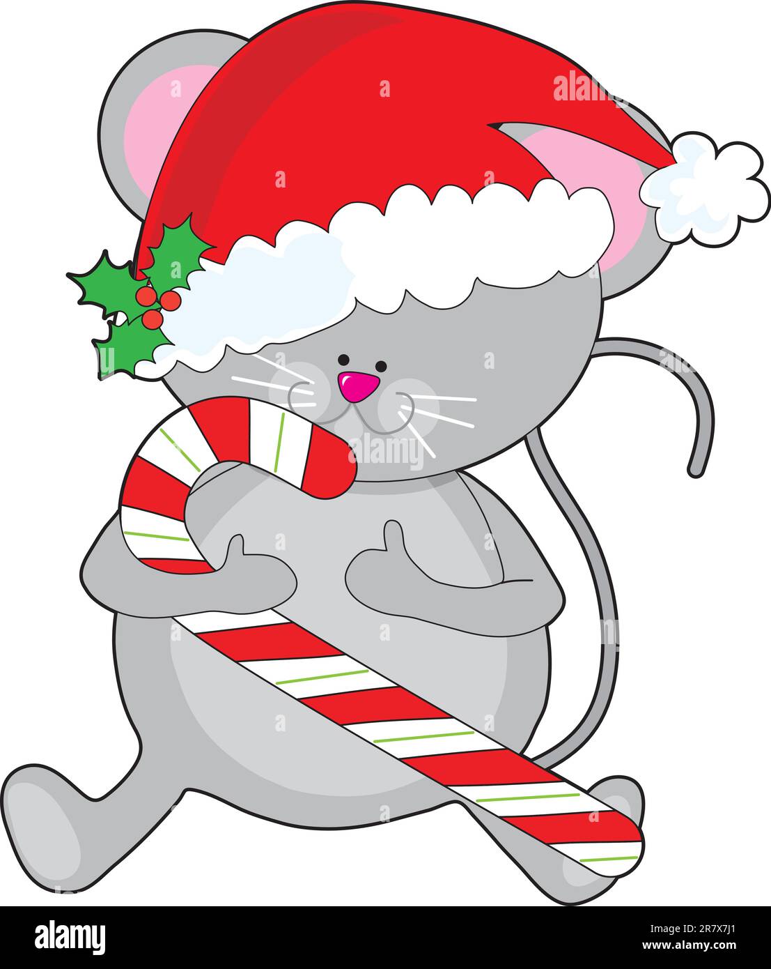 Eine süße, lächelnde Maus hält einen Zuckerstock und trägt einen Weihnachtsmannmütze, geschmückt mit einem Zweig Heilige. Stock Vektor