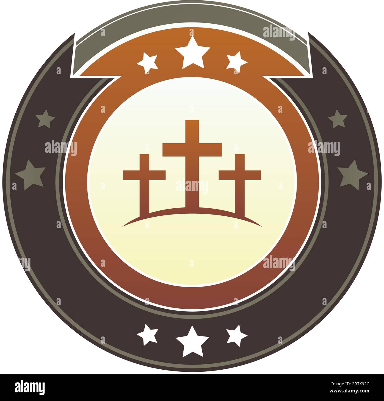 Christliches Kreuz oder Symbol von Calgary auf einem runden roten und braunen kaiserlichen Vektorknopf mit Sternakzenten Stock Vektor