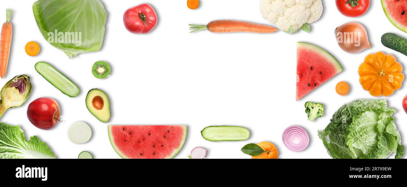 Rahmen mit vielen Gemüse und Früchten auf weißem Hintergrund, Draufsicht Stockfoto