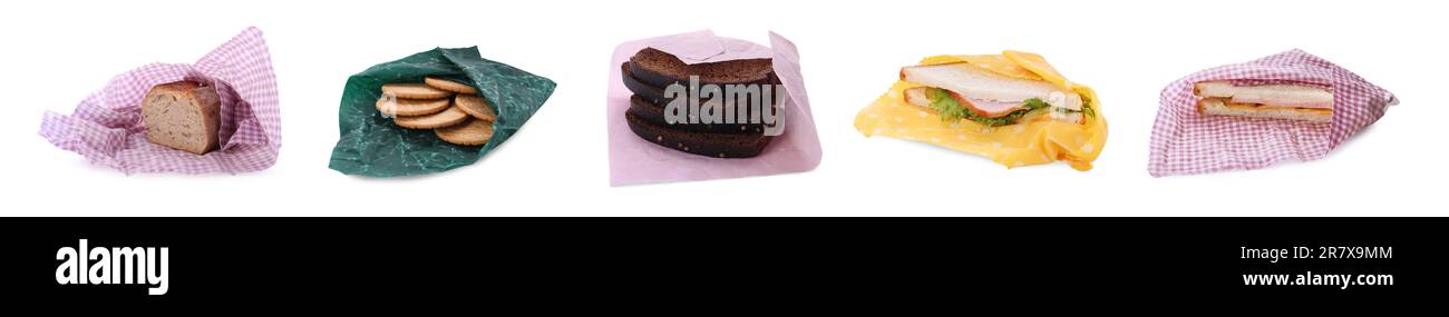 Collage verschiedener Lebensmittelprodukte in weiß isolierten Bienenwachs-Lebensmittelverpackungen Stockfoto