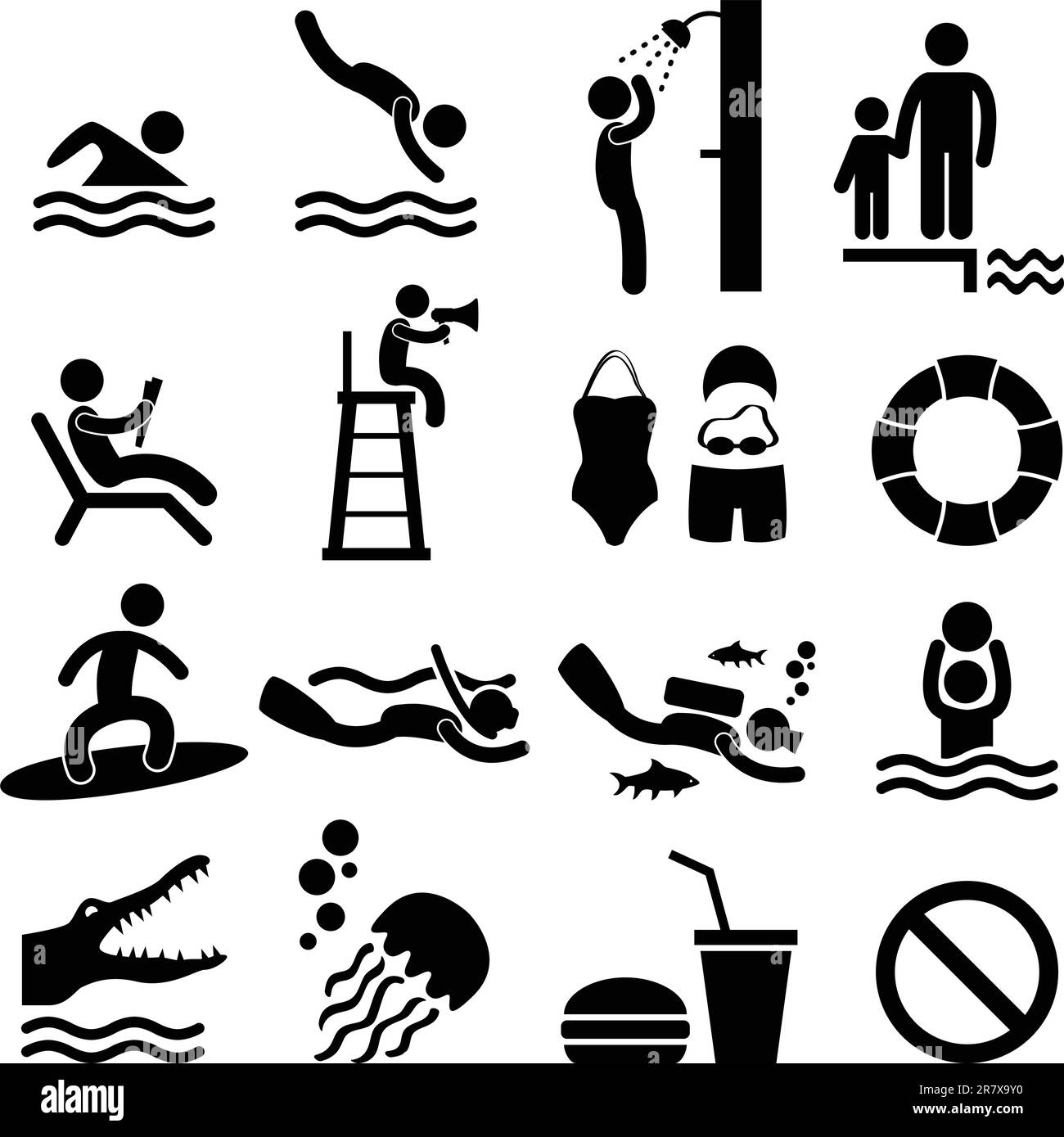 Eine Reihe von Schwimmbad und Strand Piktogramm/Symbol/Schild. Stock Vektor