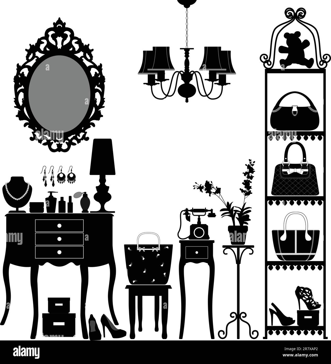 Ein Szenario oder Innendesign eines Damenzimmers mit Accessoires in Silhouette. Stock Vektor