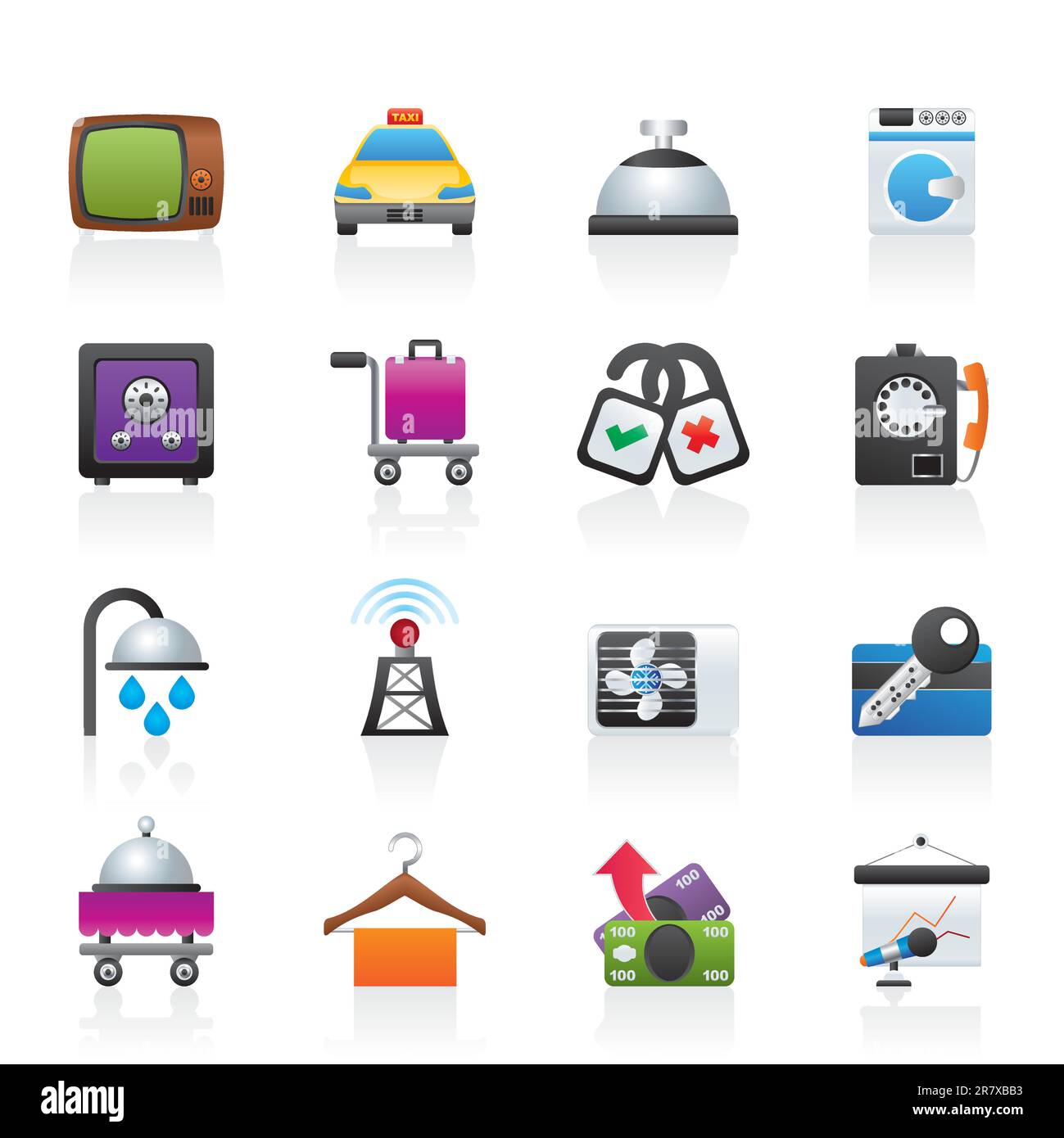 Hotel und Motel Zimmerausstattung Symbole - Vektor Icon Set Stock Vektor