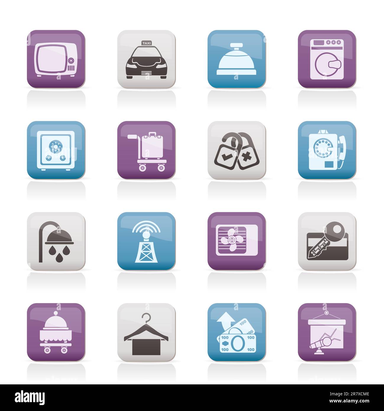 Hotel und Motel Zimmerausstattung Symbole - Vektor Icon Set Stock Vektor