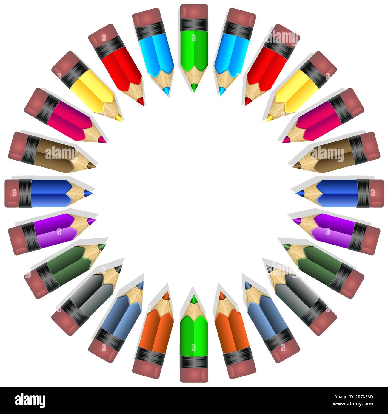 Farbenfrohe Bleistiftabbildungen aus Holz, im Kreis sortiert und gebrauchsfertig. Stock Vektor