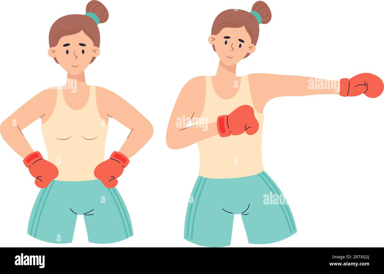 Zwei süße Boxermädchen. Sportlerinnen in Boxhandschuhen. Vektordarstellung. Isolierte weibliche Sportfiguren im flachen Cartoon-Stil Stock Vektor