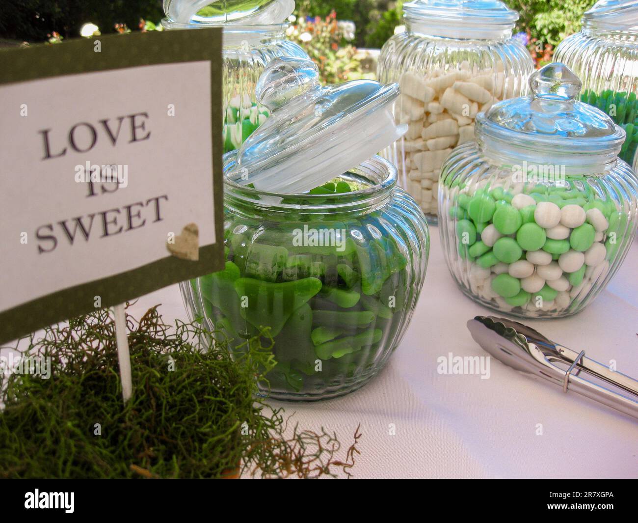 Bei einem Hochzeitsempfang werden verschiedene Süßigkeiten und Süßigkeiten angeboten. Liebe ist süß. Stockfoto