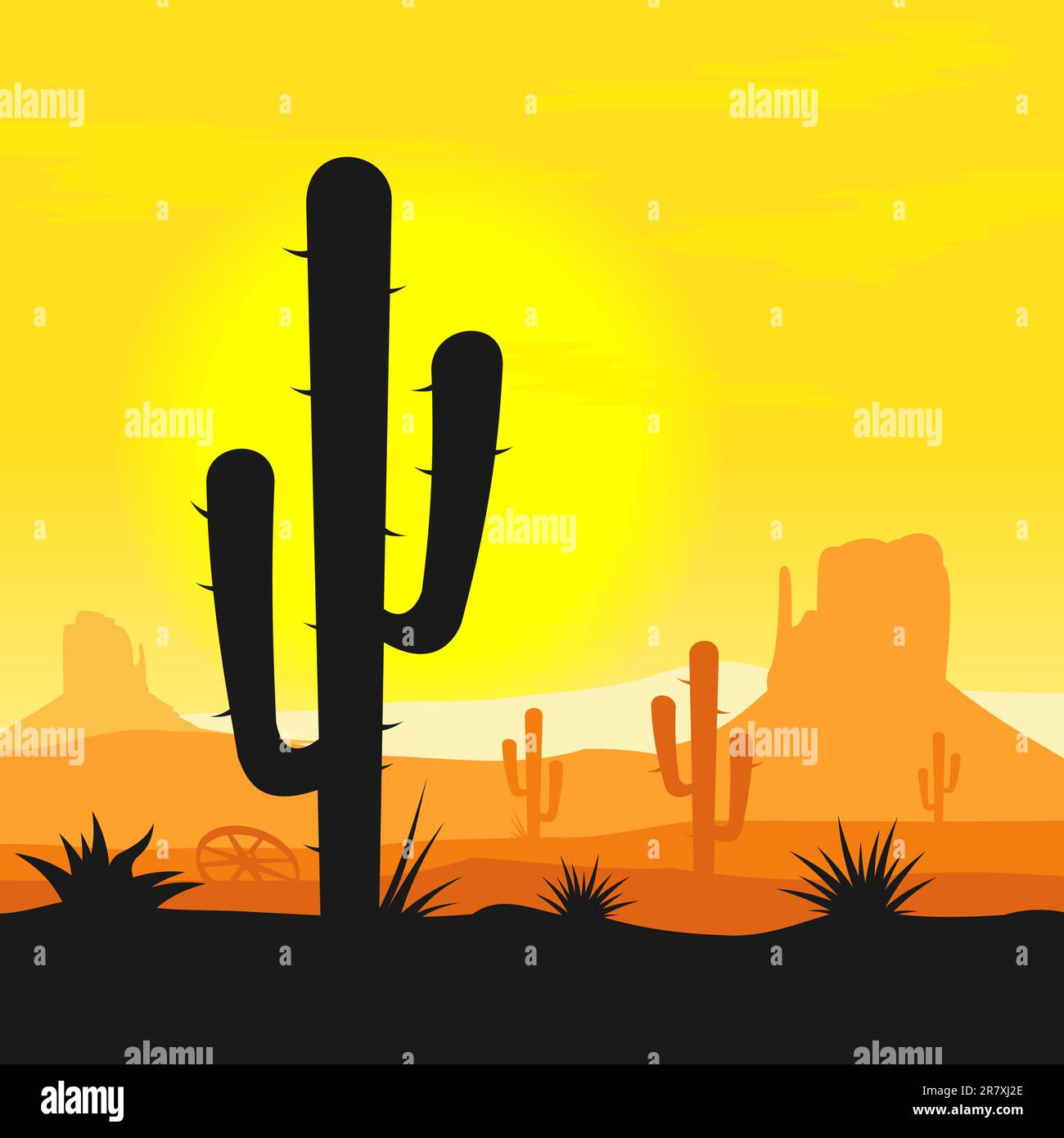 Sonnenuntergang in der mexikanischen Wüste mit Kaktuspflanzen Silhouette Stock Vektor