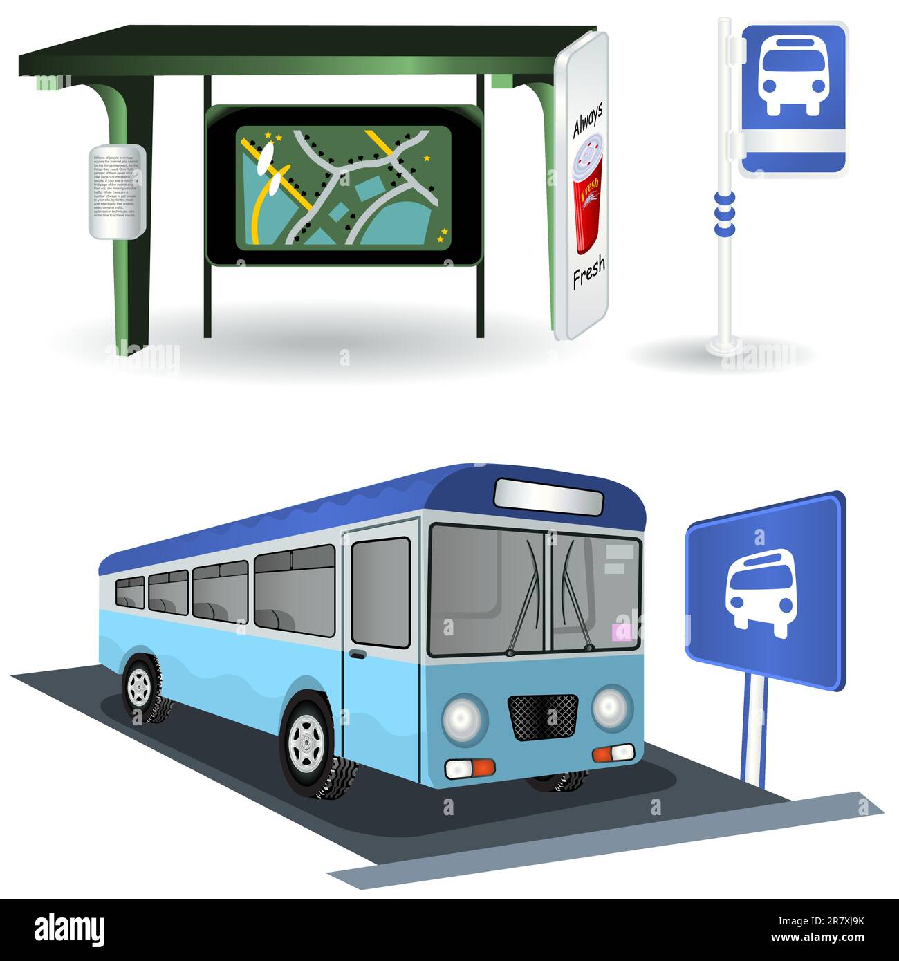 Eine Sammlung verschiedener Abbildungen von Busbahnhöfen. Stock Vektor