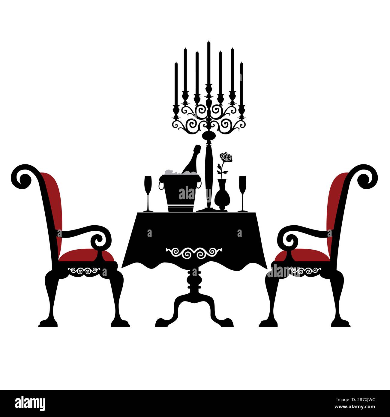 Romantisches Abendessen für zwei mit Tisch und zwei Stühlen, Kerze und Champagner, Vektorbild isoliert auf weißem Hintergrund Stock Vektor
