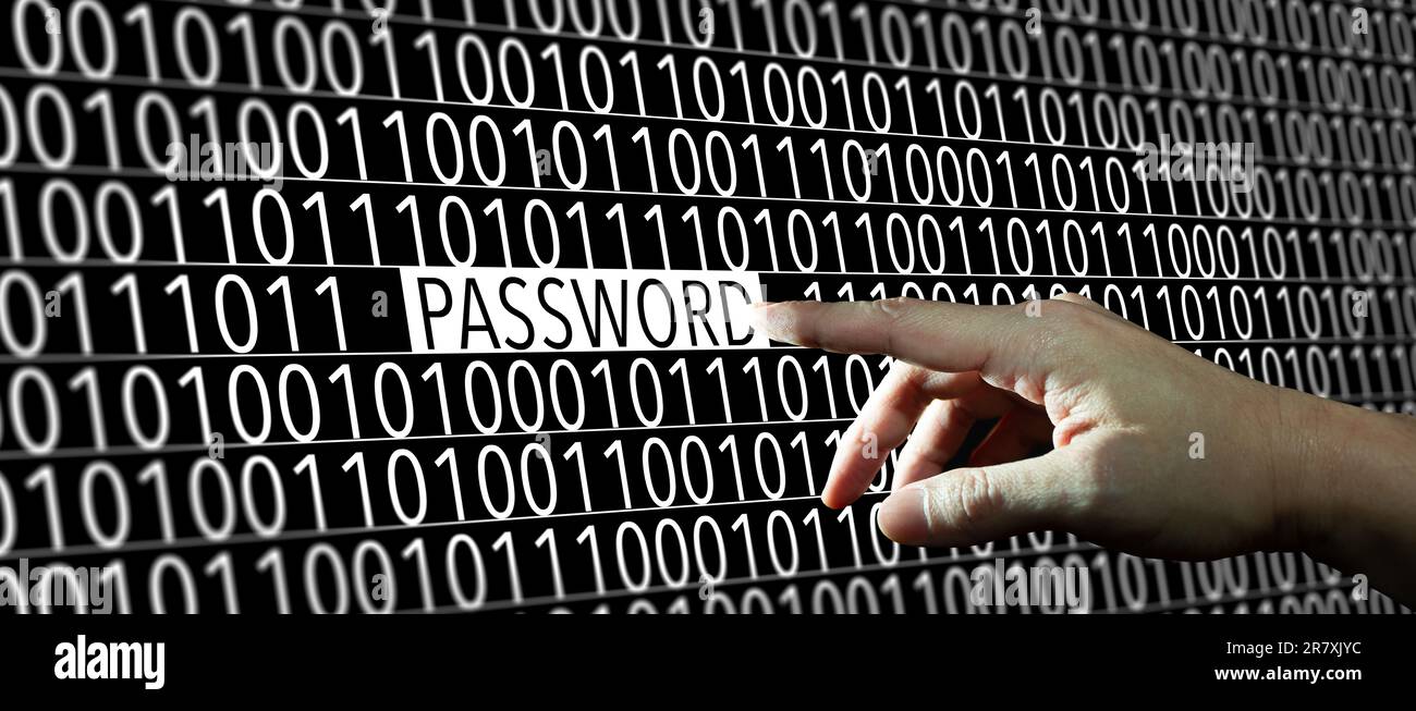 Geben Sie das Kennwort ein. Kennwort mit Binärcode. Cybersicherheit und Passwort-Hacker-Konzept. Stockfoto