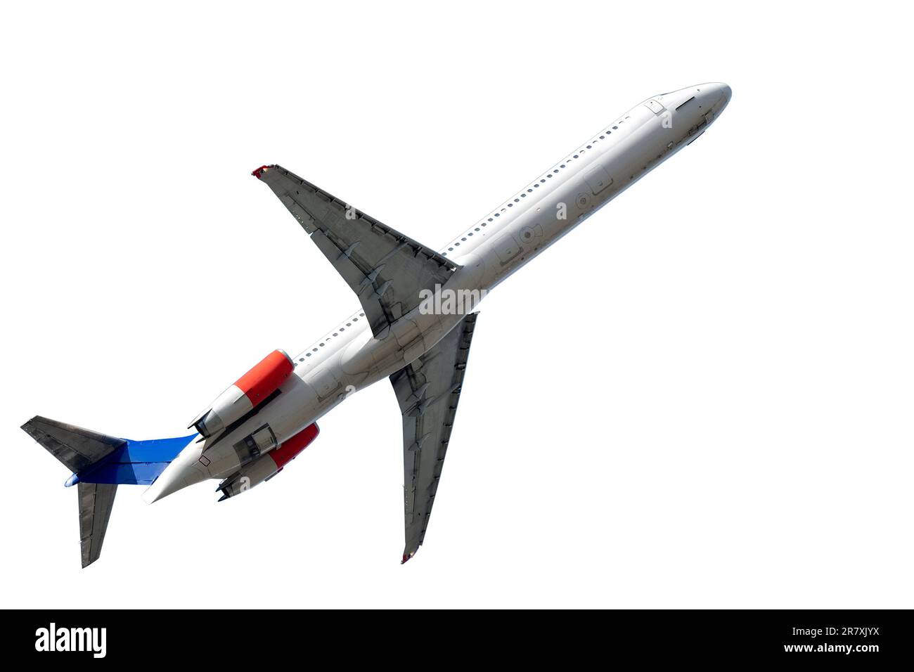 Das Flugzeug startet isoliert auf einem sauberen, weißen Hintergrund Stockfoto