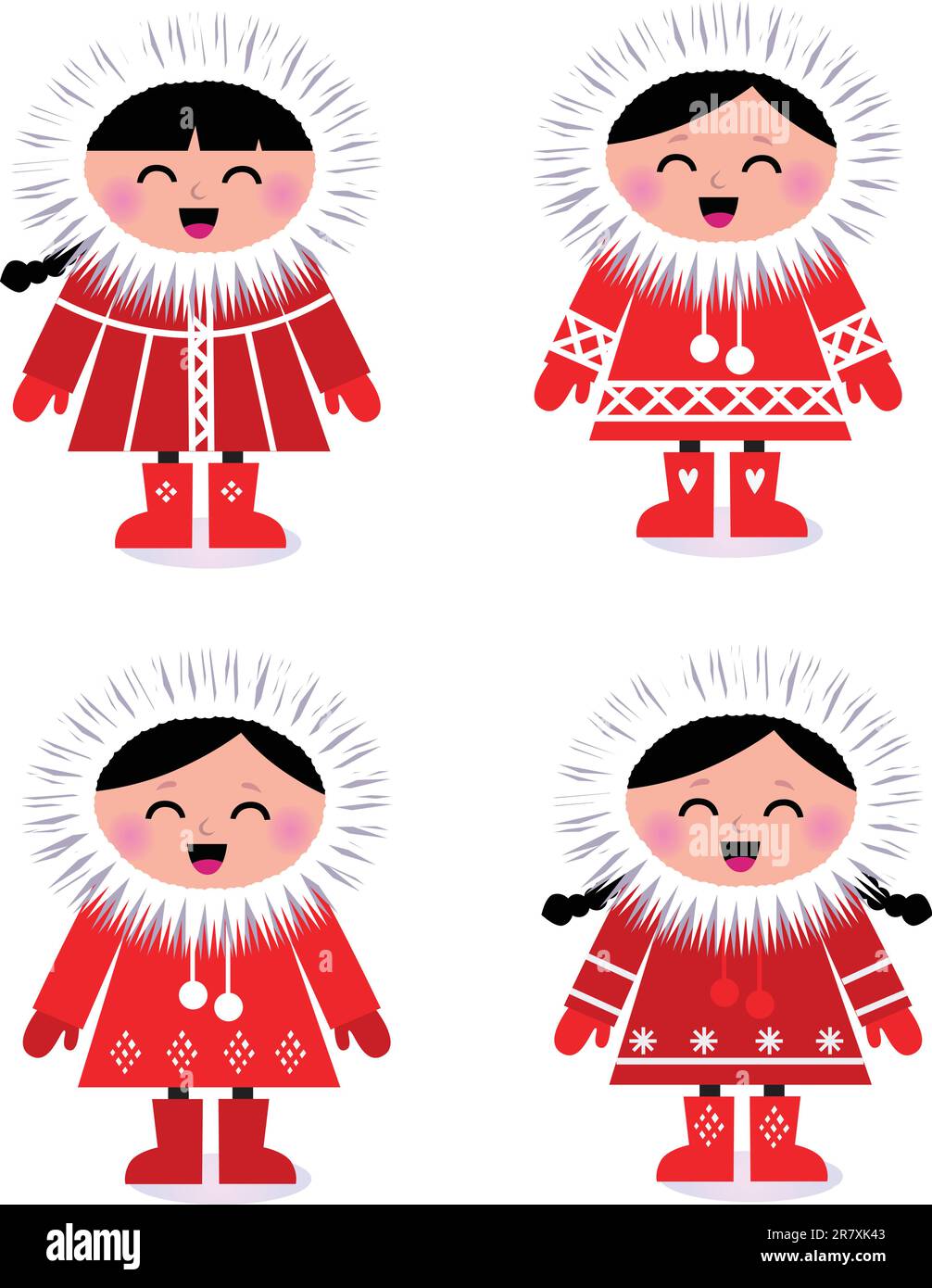 Süße eskimo-Kinder im roten Mantel. Retro-Vektordarstellung Stock Vektor