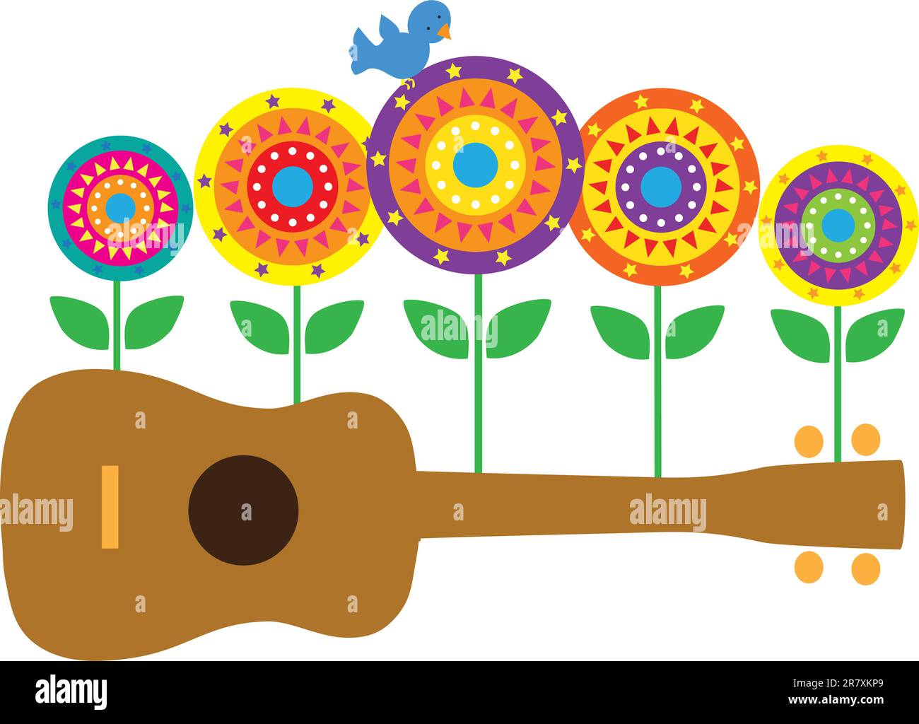 Ein horizontales Bild einer braunen Ukulele mit stilisierten Blumen und einem blauen Vogel, der aus der Ukulele springt. Stock Vektor