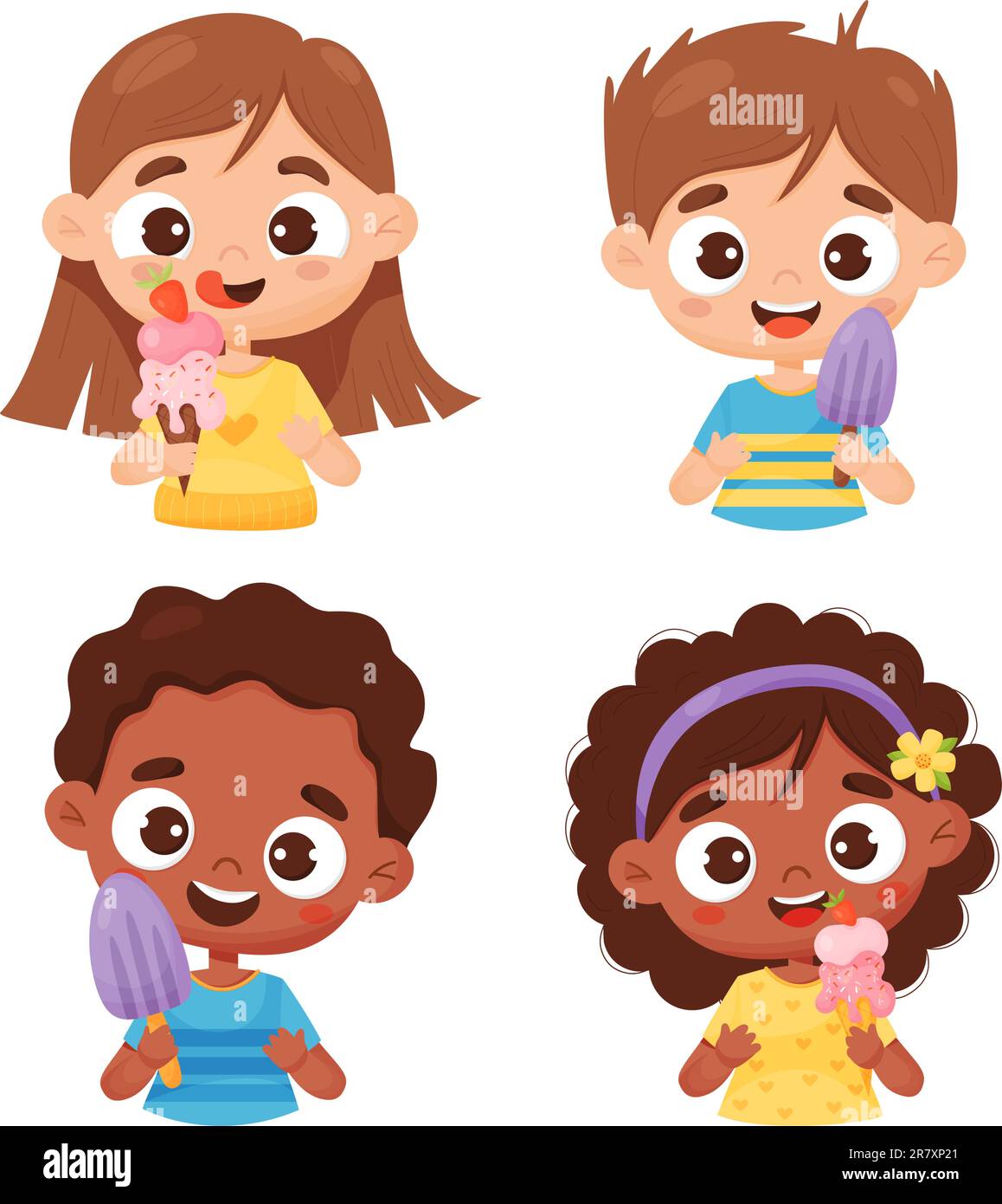 Kollektion glückliche Kinder mit Eis. Süße Mädchen und Jungen. Vektordarstellung im Cartoon-Stil. Isolierte lustige, lächelnde Figuren auf Weiß Stock Vektor