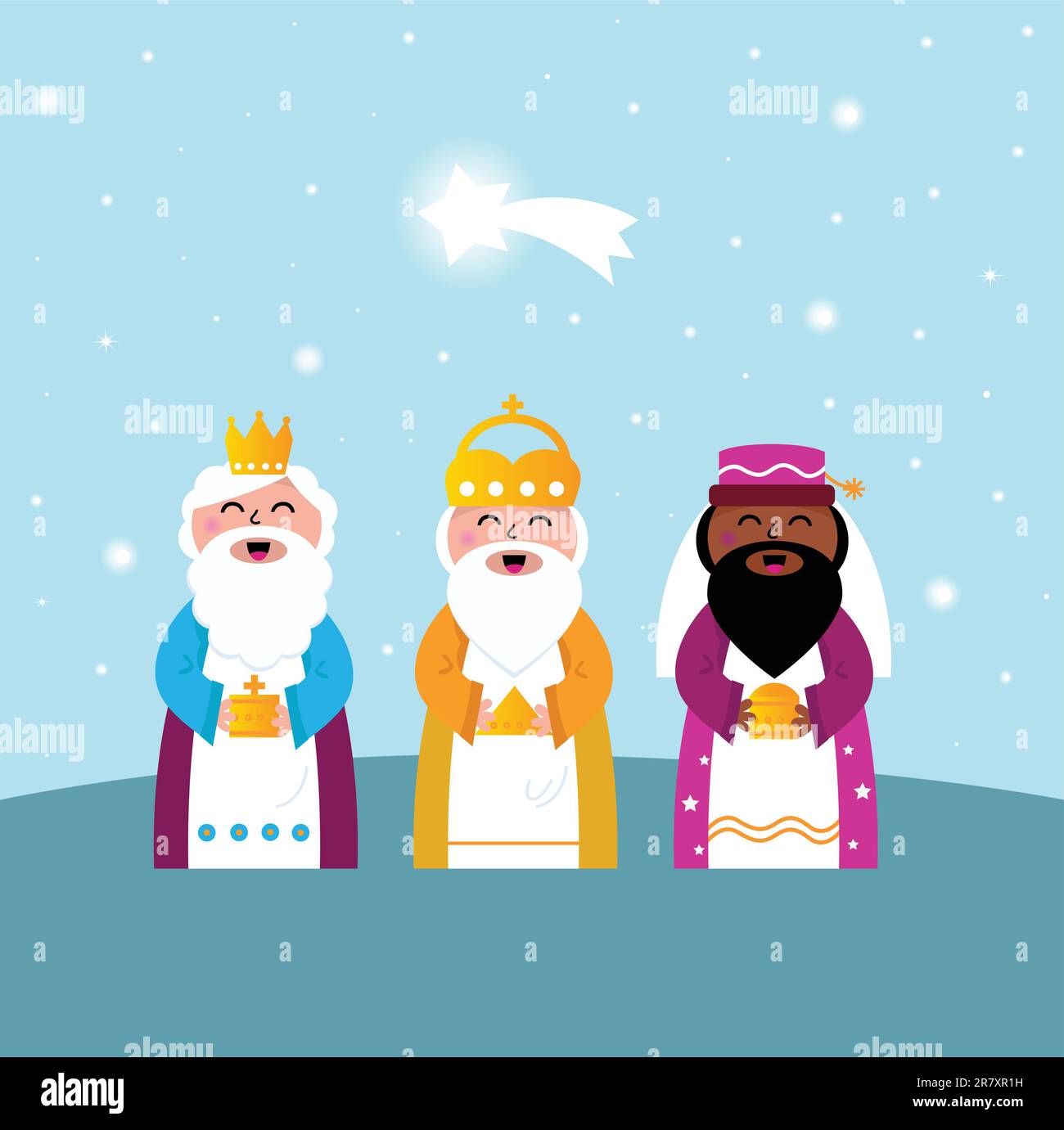 Caspar, Melchior und Balthazar folgen dem Stern von Bethlehem. Vektordarstellung Stock Vektor