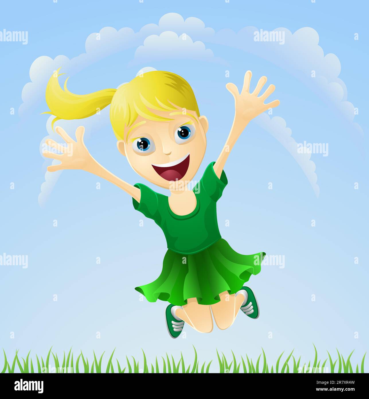 Abbildung eines jungen Mädchens fröhlich springen die Luft mit ausgestreckten Armen. Stock Vektor