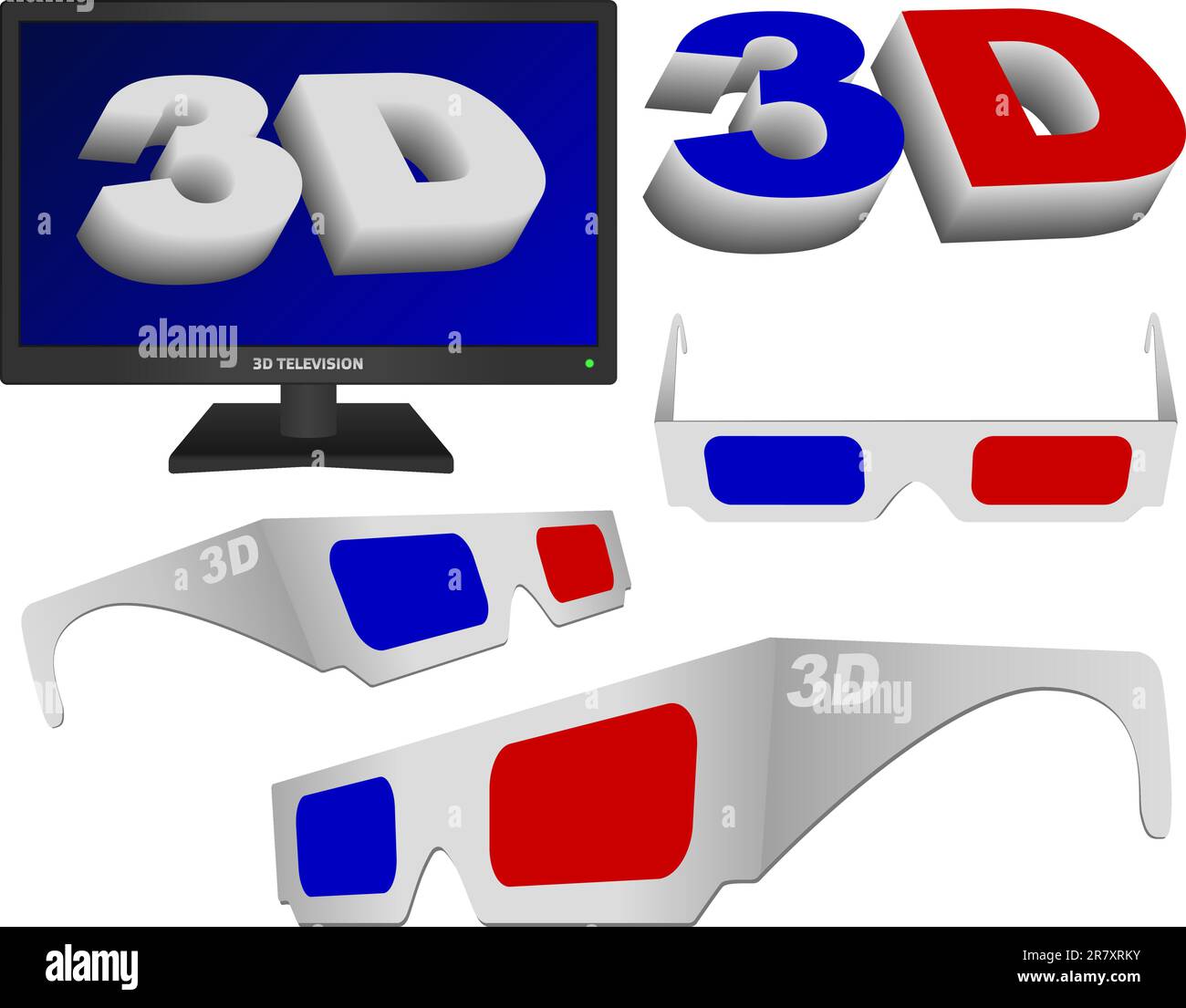 Technologie - 3D Sign, Brille und Fernseher-Sammlung Stock Vektor