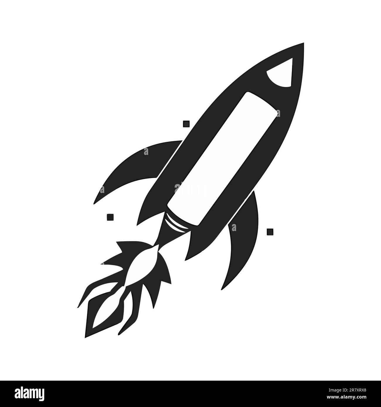 Raketenschiff mit Feuer. Isoliert auf weißem Hintergrund. Icon flach mit einer fliegenden Rakete. Stock Vektor