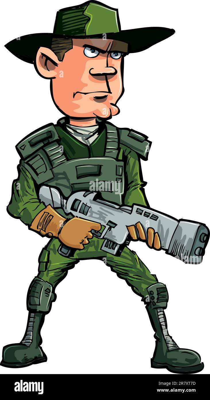Cartoon-Soldat mit einem automatischen Gewehr. Isoliert auf weiss Stock Vektor