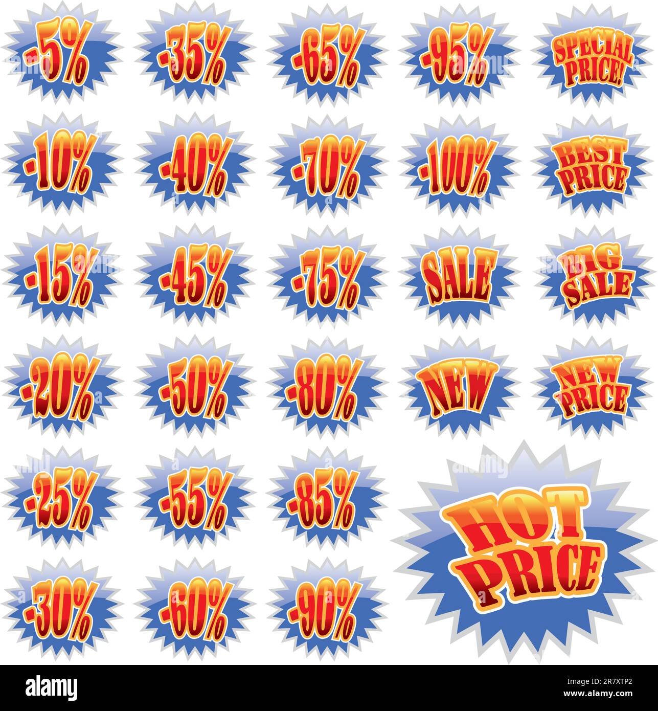 Satz blauer Rabattmarken mit Sternen und rotem Text Stock Vektor