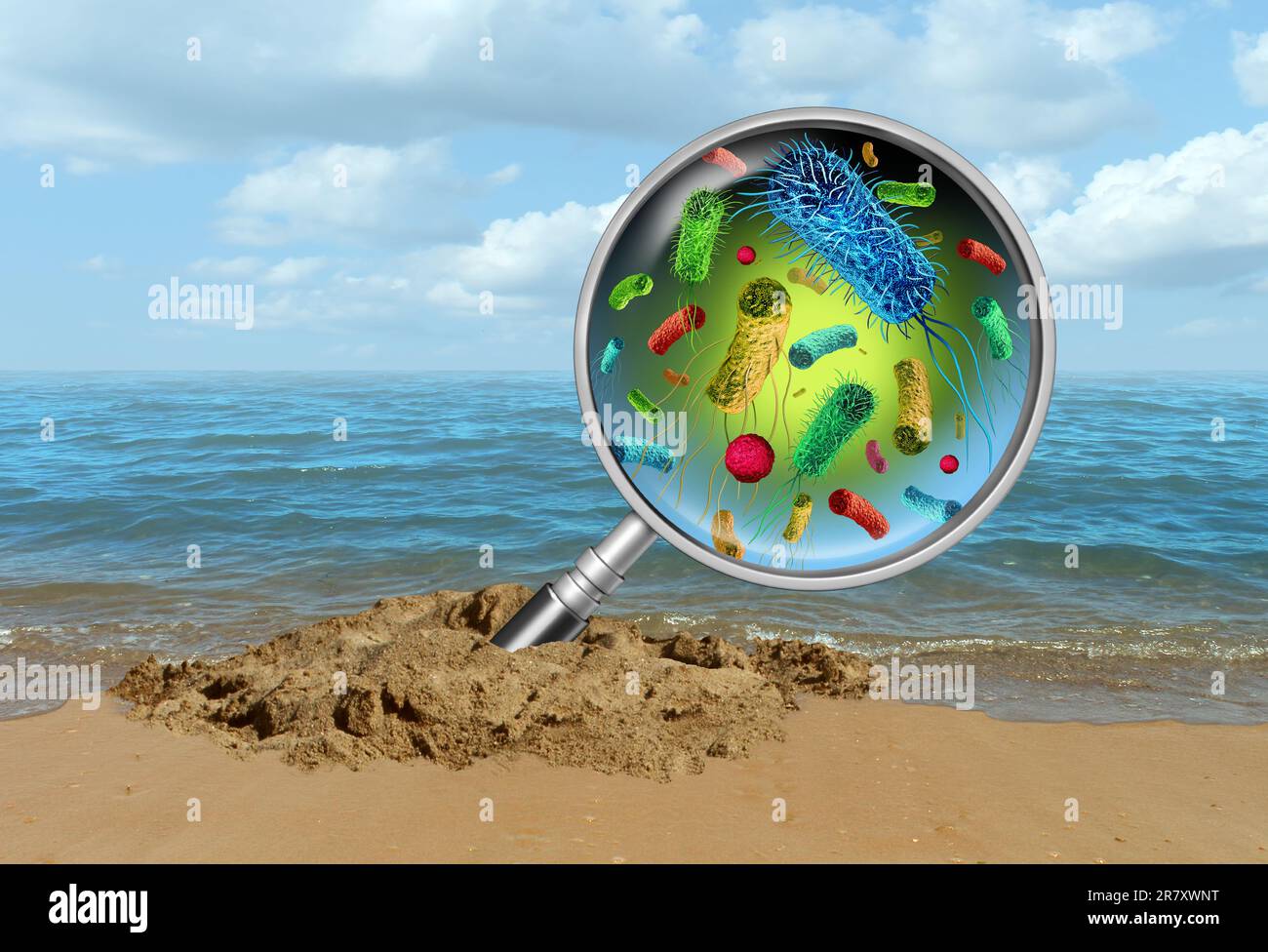 Strandwassertests und Krankheitsprävention und kein Schwimmkonzept mit infektiösen Bakterien und Keimen im Meer oder öffentlichen Seen verhindern Stockfoto