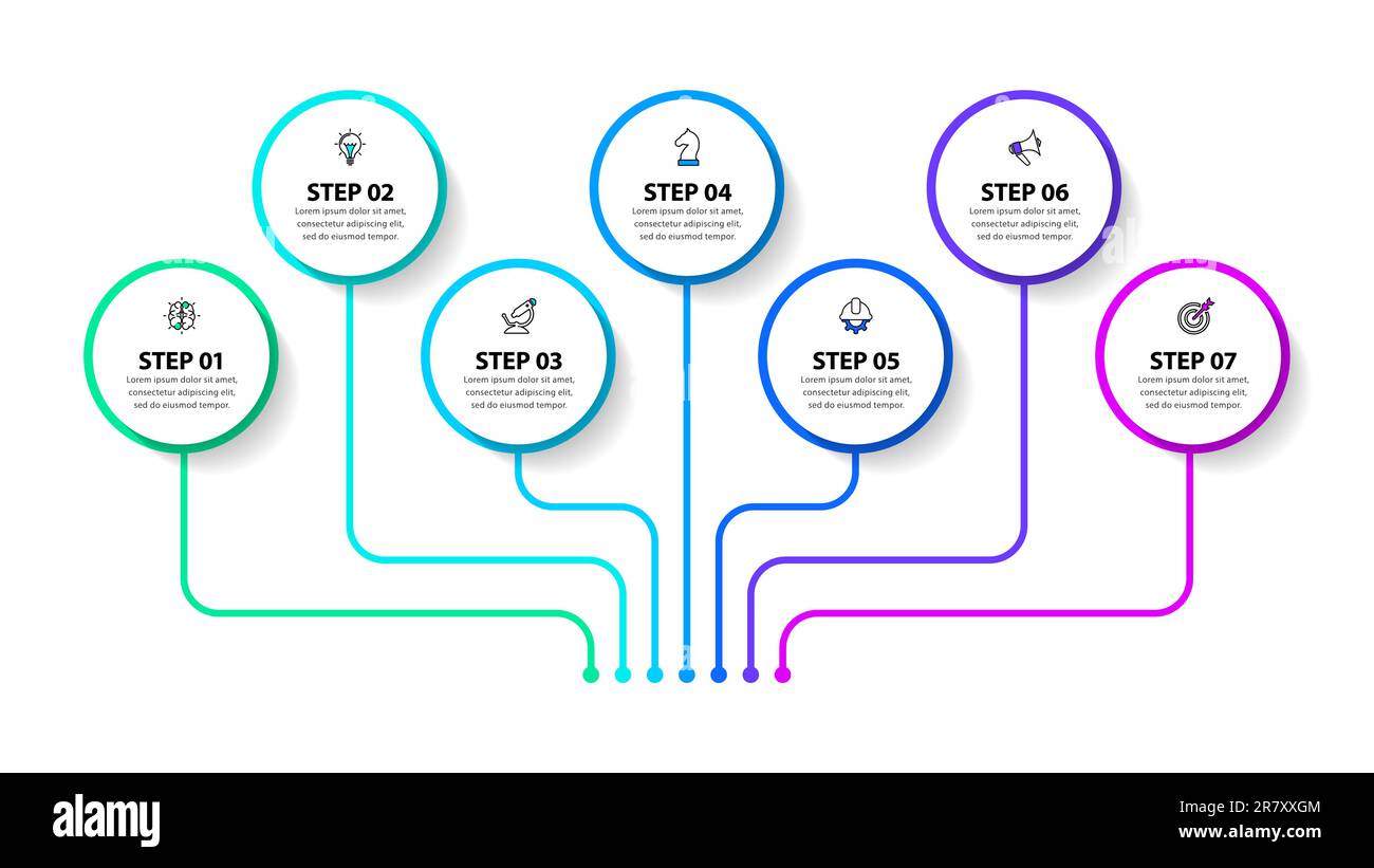 Infografik-Vorlage mit Symbolen und 7 Optionen oder Schritten. Abstrakter Baum. Kann für Workflow-Layout, Diagramm, Banner, webdesign verwendet werden. Vektor-Illustration Stock Vektor