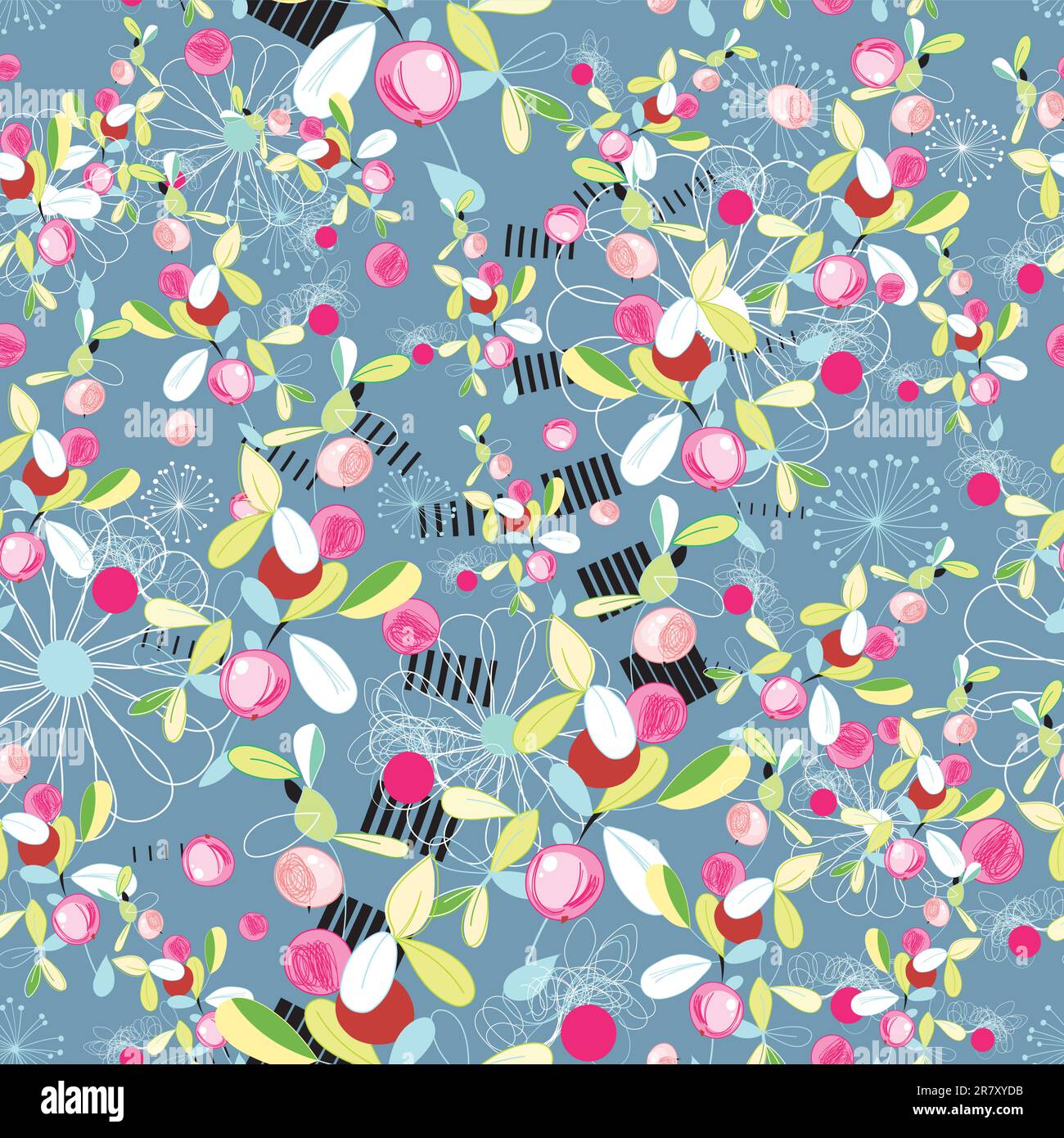 Nahtloses Muster mit bunten Sträuchern und Beeren auf blaugrauem Hintergrund Stock Vektor