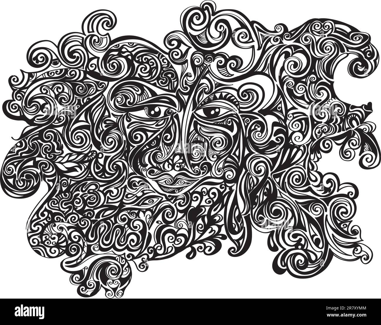 Schwarz-weiße Illustration eines sehr detailgetreuen, dekorierten Gesichts Stock Vektor
