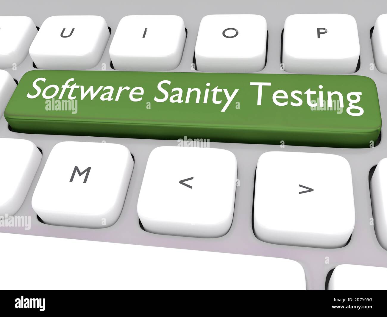 3D Abbildung der pc-Tastatur mit dem Skript „Software Sanity Testing“ auf einer Taste Stockfoto