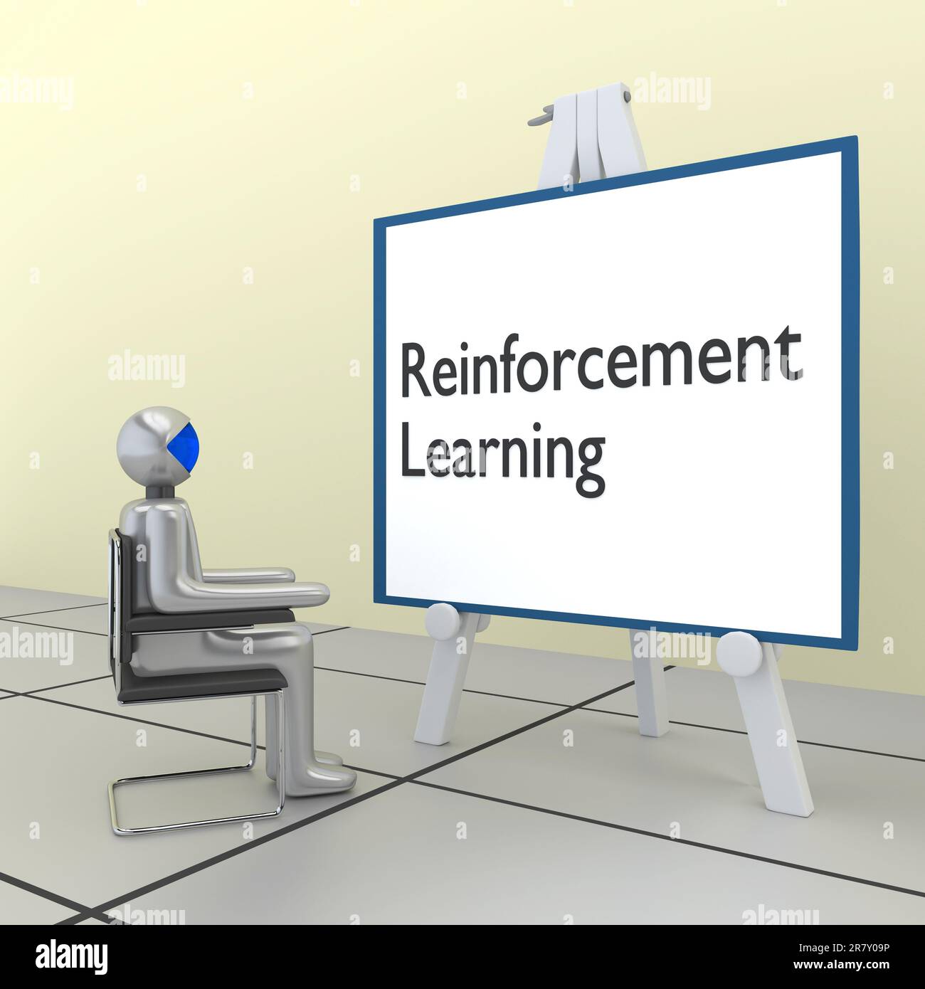 3D Abbildung eines Reinforcement Learning-Skripts auf einem Stativ und eines humanoiden Roboters, der vor diesem Brett sitzt. Stockfoto