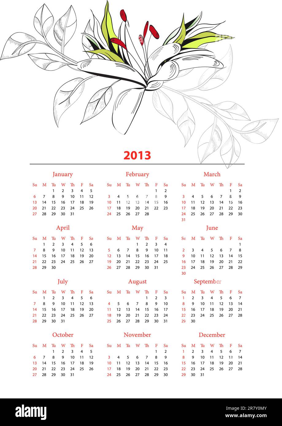 Vorlage für Kalender 2013 mit Blumen Stock Vektor