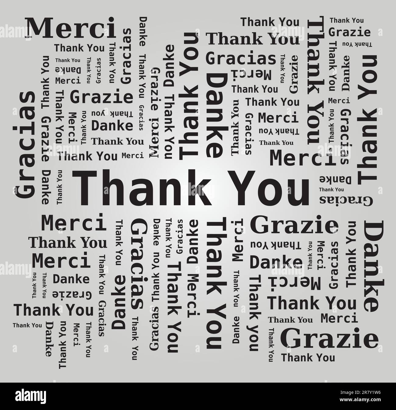 Vielen Dank Word Cloud in verschiedenen Sprachen - 5 Sprachen, Englisch, Französisch, Deutsch, Spanisch und Italienisch Stock Vektor