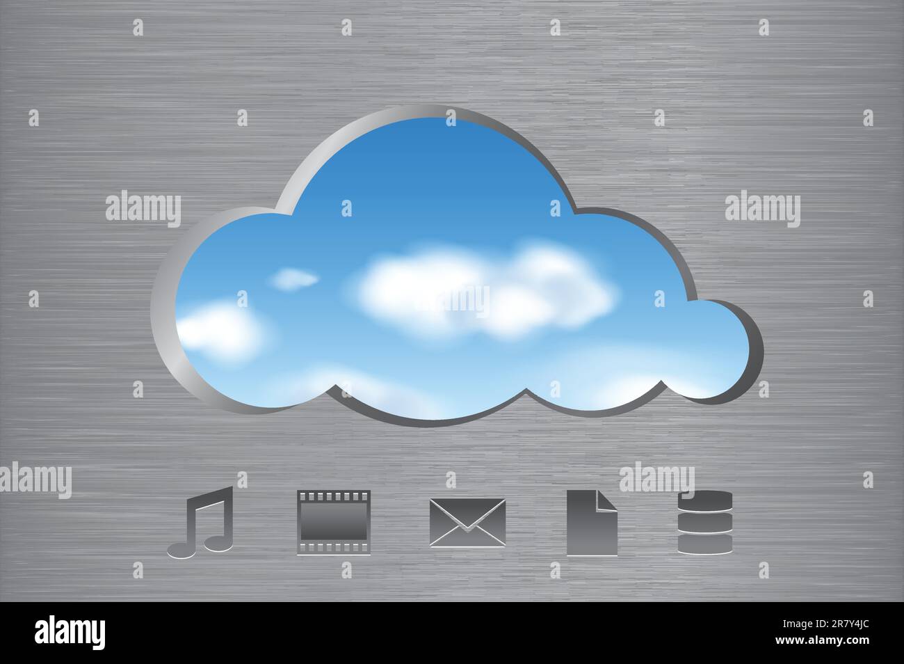 Wolkenform aus gebürsteter Metallwand mit Blick auf die Wolken am Himmel und Symbole. Abstraktes Cloud-Computing-Konzept. Vektordarstellung. Stock Vektor