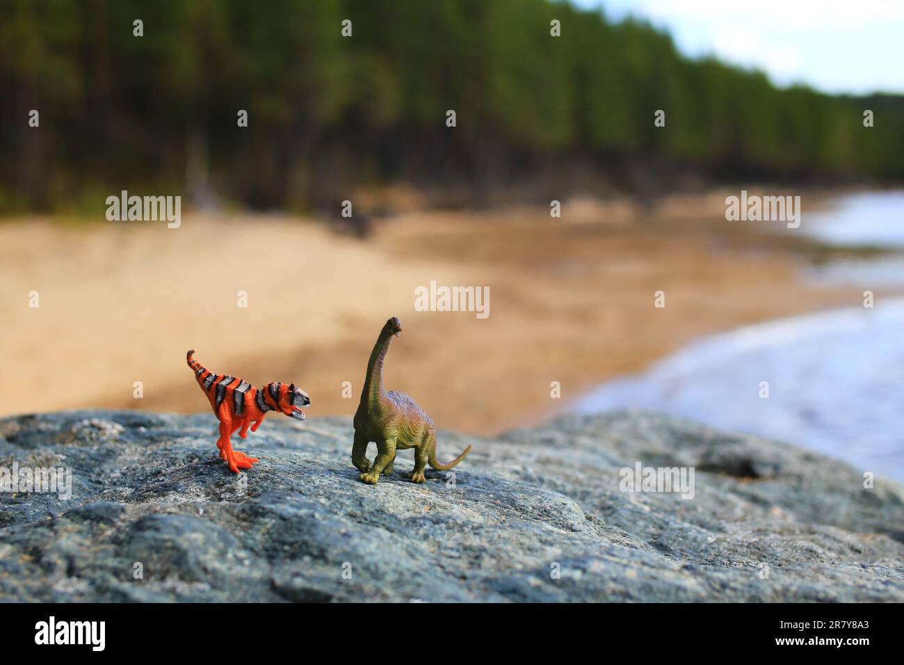 Zwei Spielzeugdinosaurier auf einem Felsen am Strand. Stockfoto