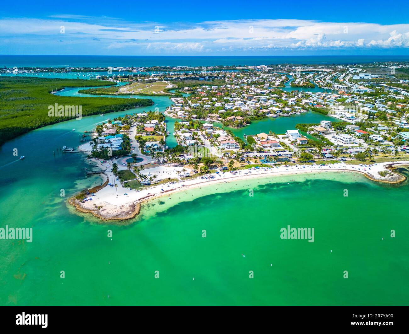 Blick aus der Vogelperspektive auf Sombrero Beach mit Palmen auf den Florida Keys, Marathon, Florida, USA. Stockfoto