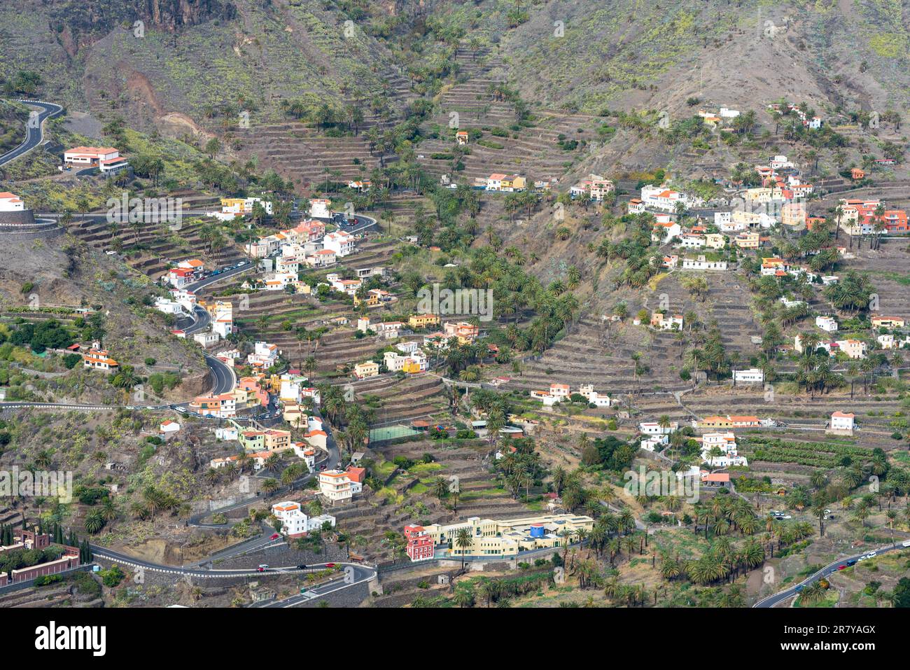 Blick hinunter auf die Dörfer im Valle Gran Rey auf der Insel La Gomera Stockfoto