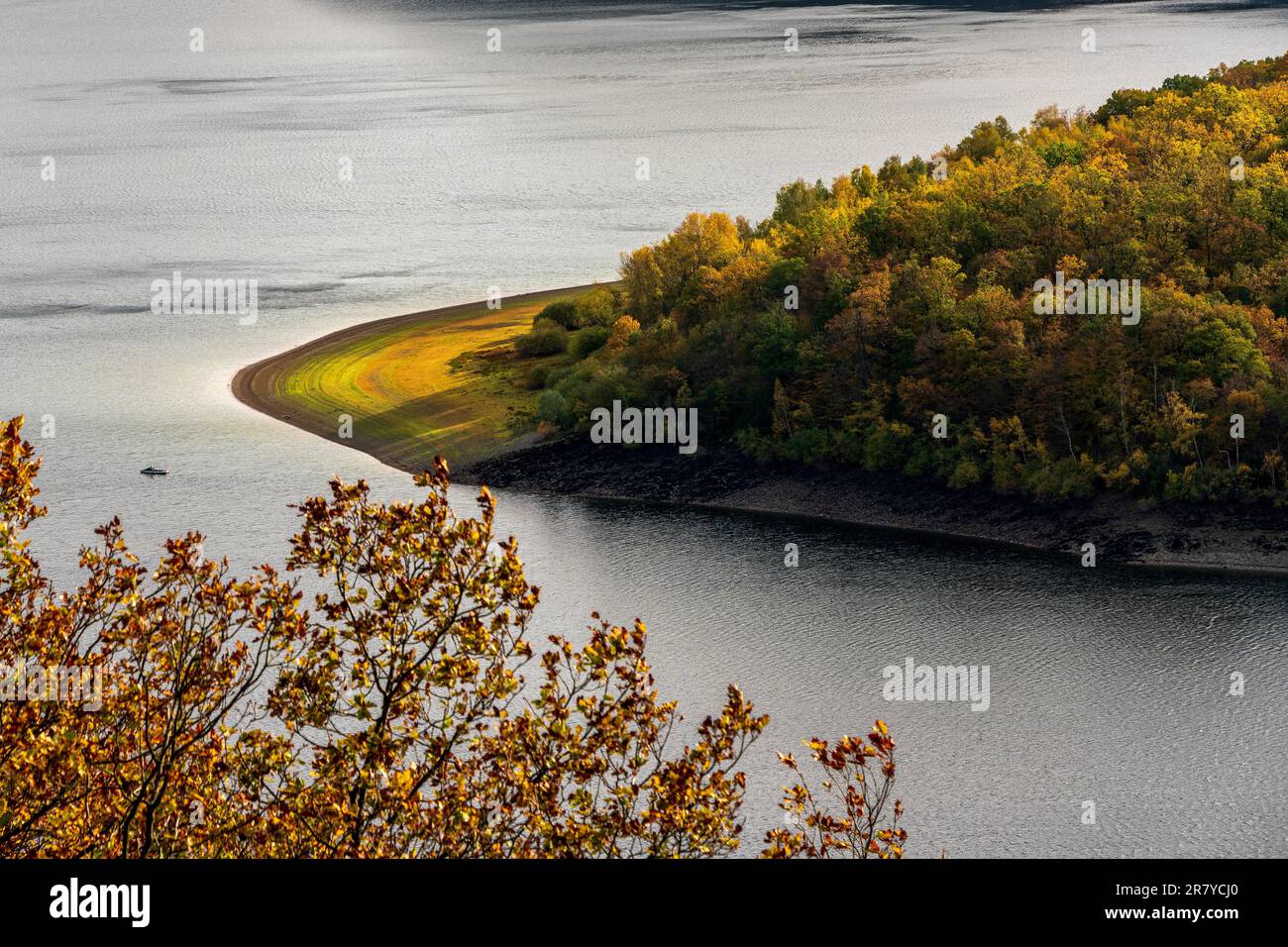 Panoramablick auf Rur See im Nationalpark Eifel, Deutschland Stockfoto
