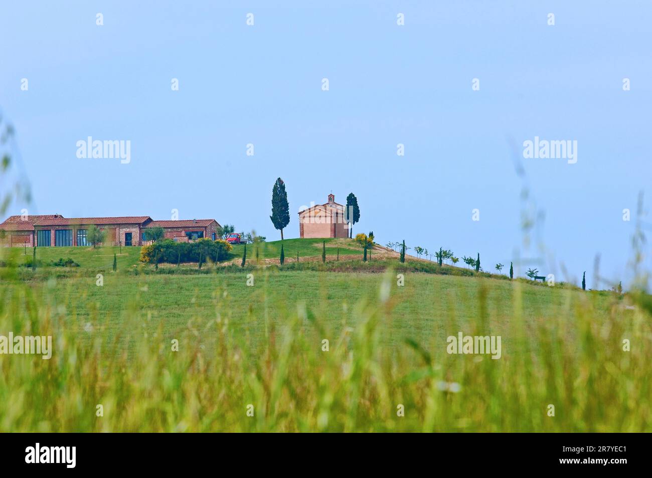 Toskanische Landschaft, in der Nähe von Asciano, Provinz Siena, Kreta Senesi, Toskana, Italien Stockfoto